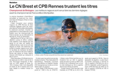 Ouest France 6 décembre 2021: Chpts BZH Hiver 50m 